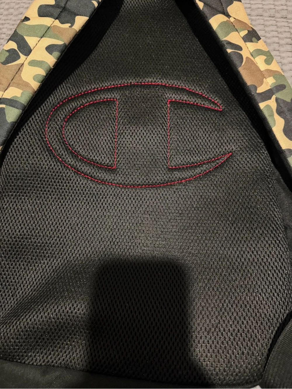Champion “Manuscript” Camo Backpack Black Green Tan Camouflage.